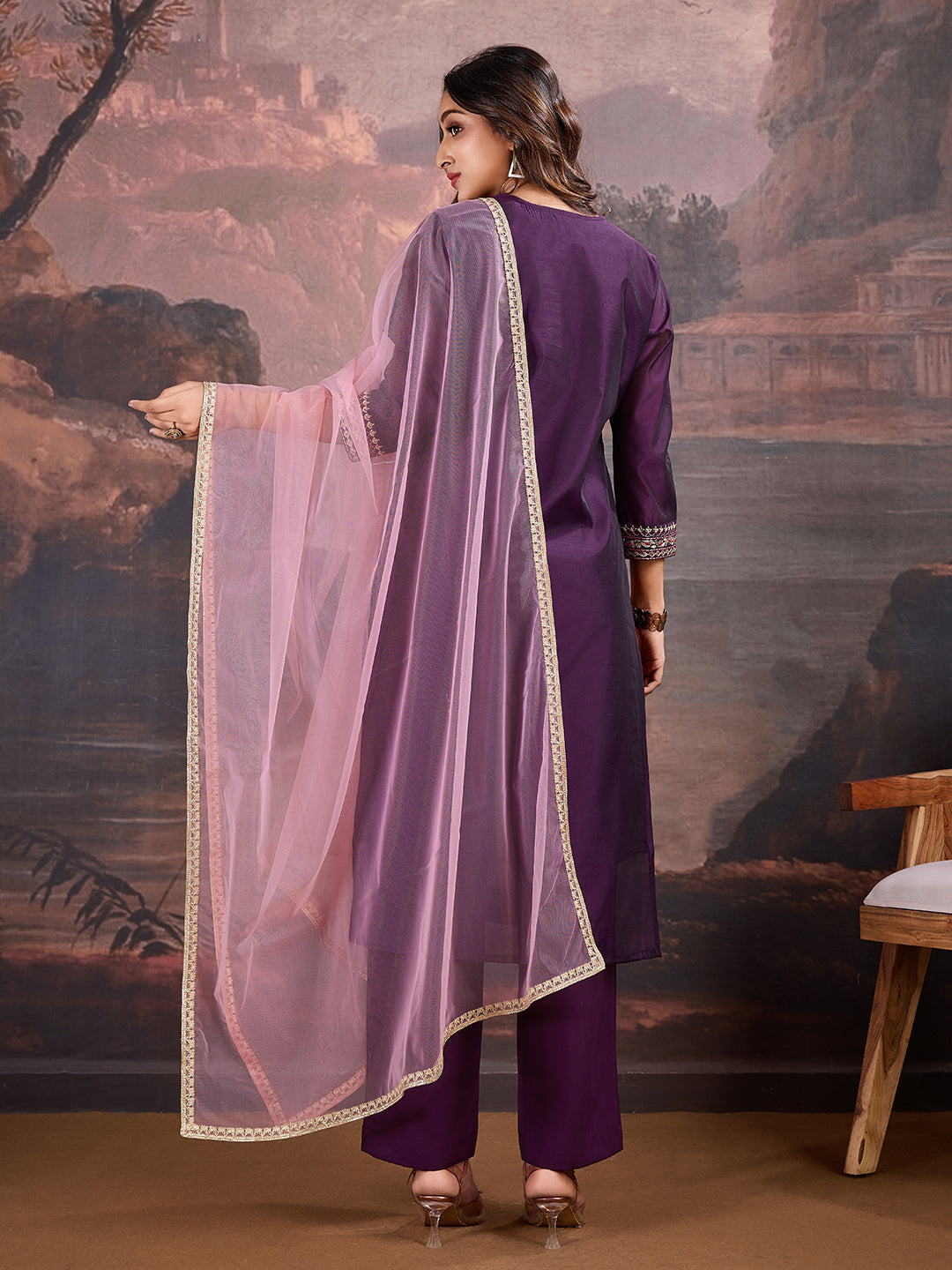 Silk Blend Kurta with Pants & Net Dupatta