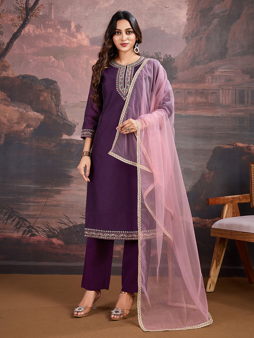 Silk Blend Kurta with Pants & Net Dupatta