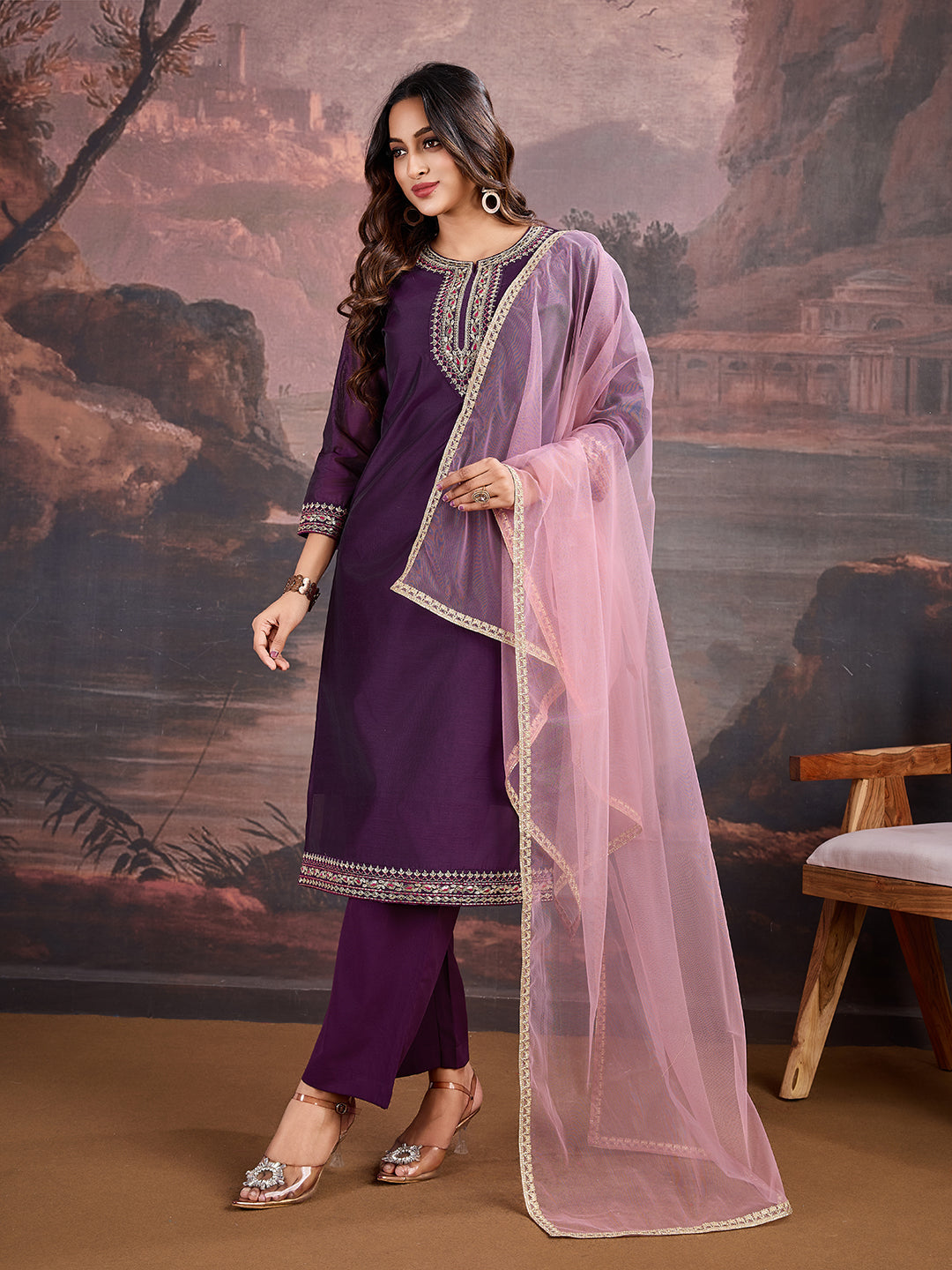 Silk Blend Kurta with Pants & Net Dupatta