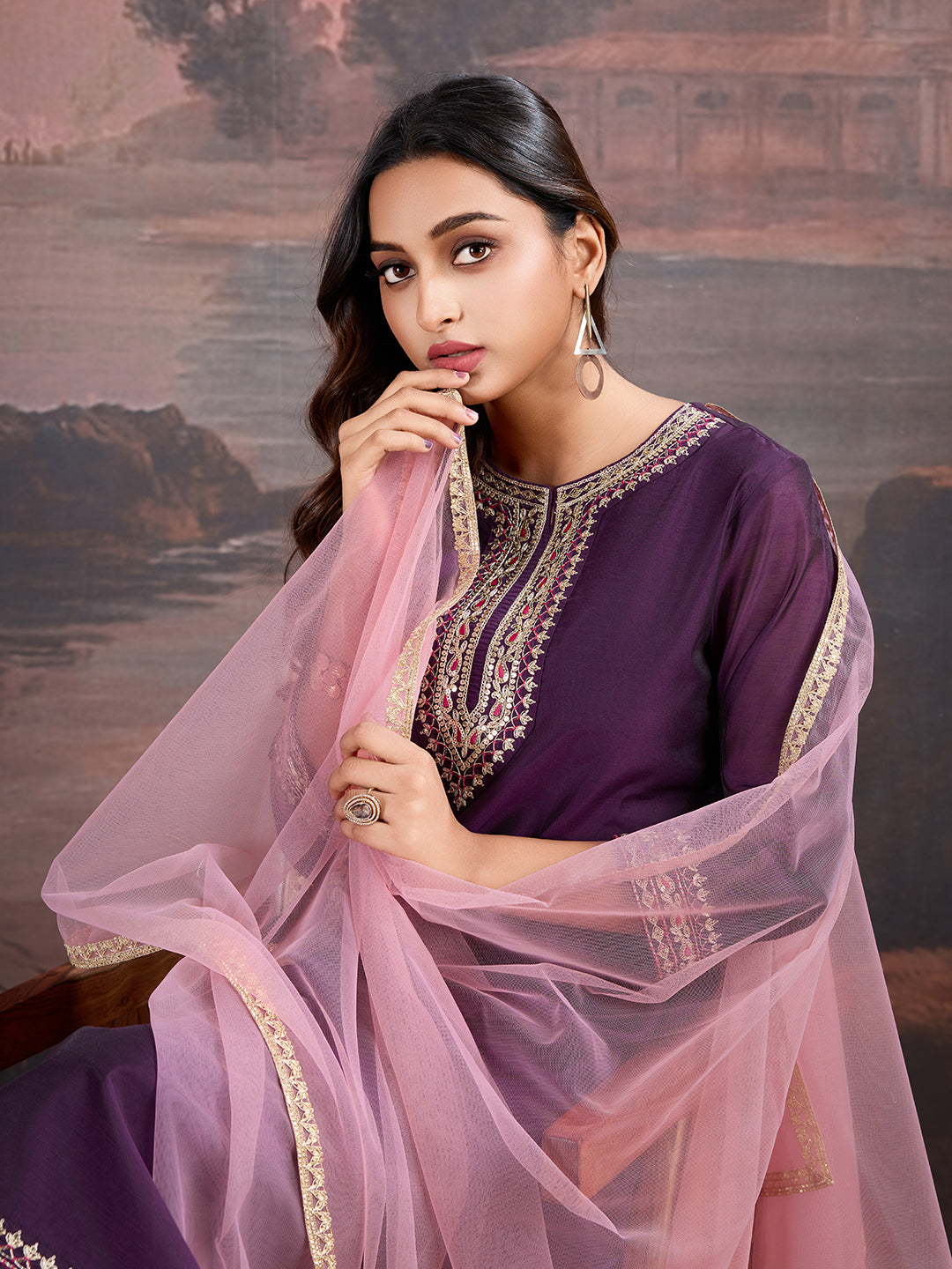 Silk Blend Kurta with Pants & Net Dupatta