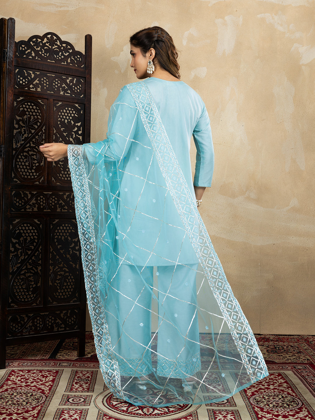 Sky Blue Kurta, Palazzo and Dupatta Set