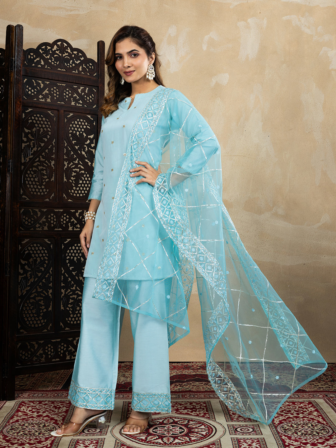 Sky Blue Kurta, Palazzo and Dupatta Set