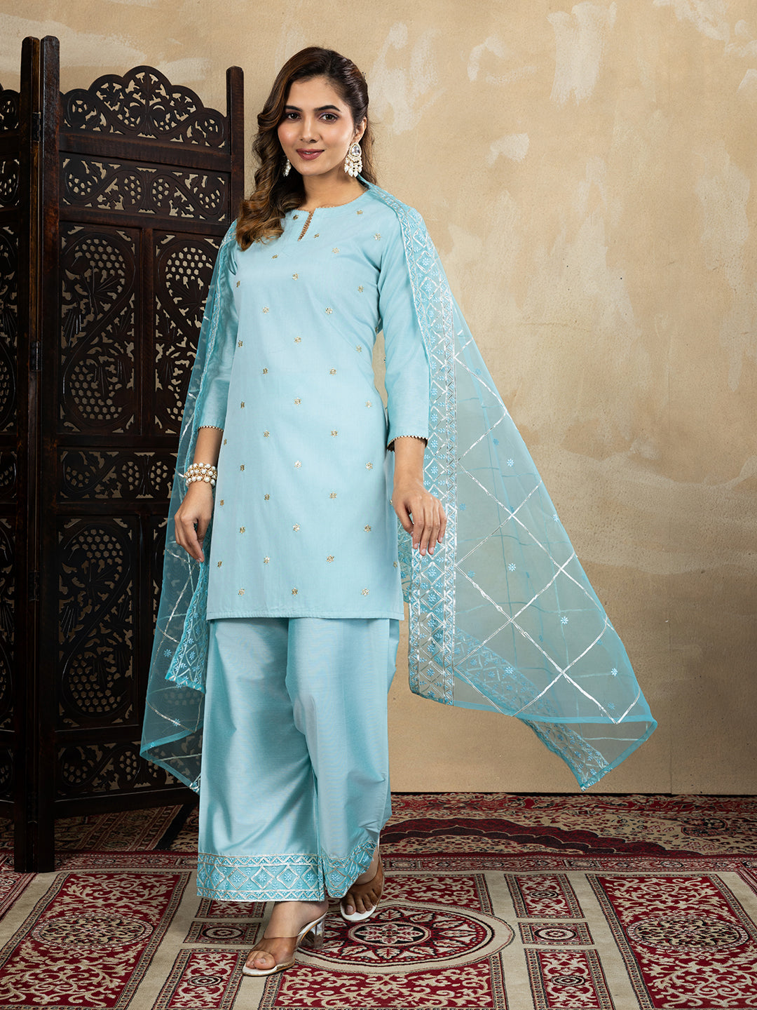 Sky Blue Kurta, Palazzo and Dupatta Set