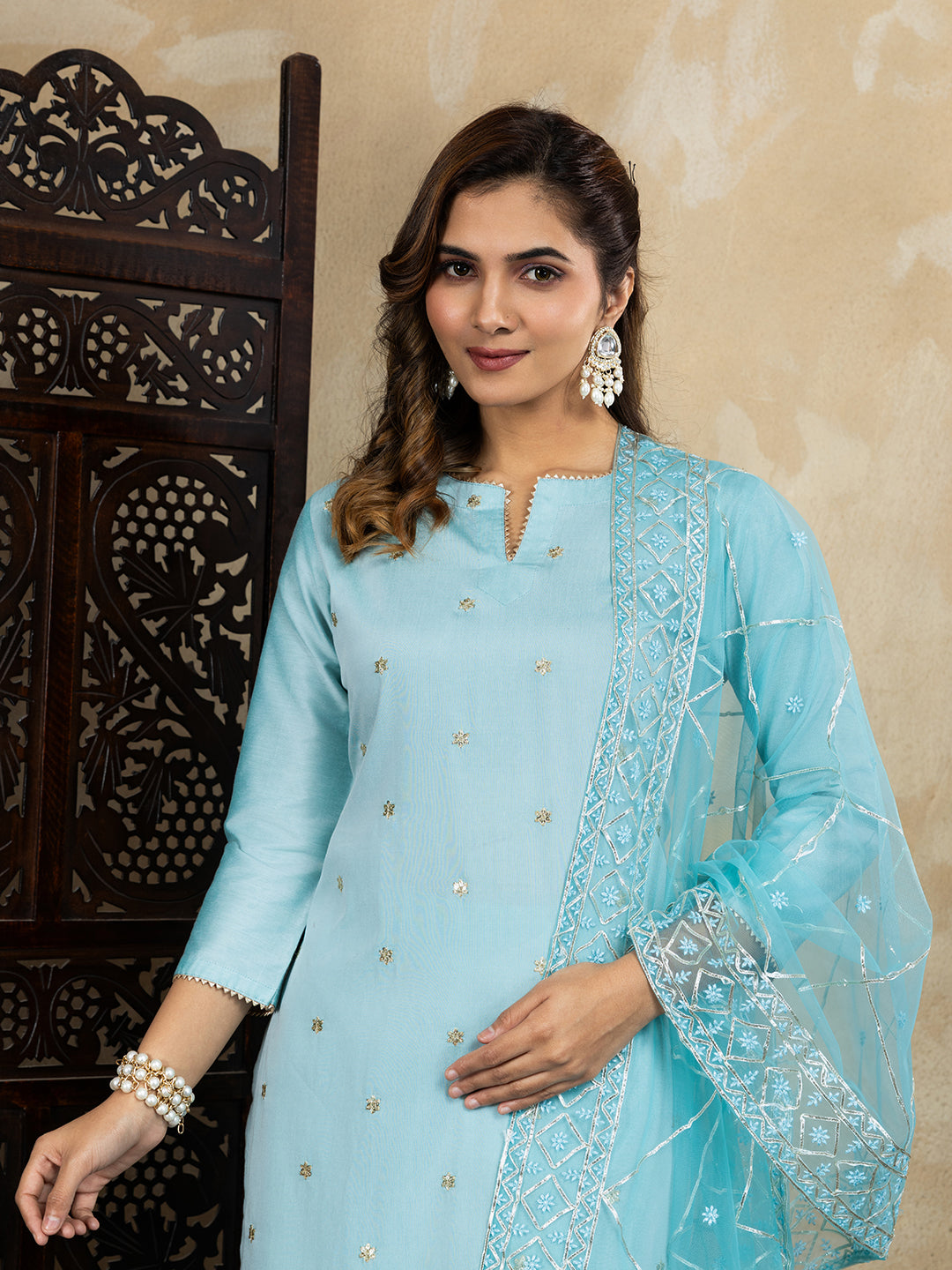 Sky Blue Kurta, Palazzo and Dupatta Set
