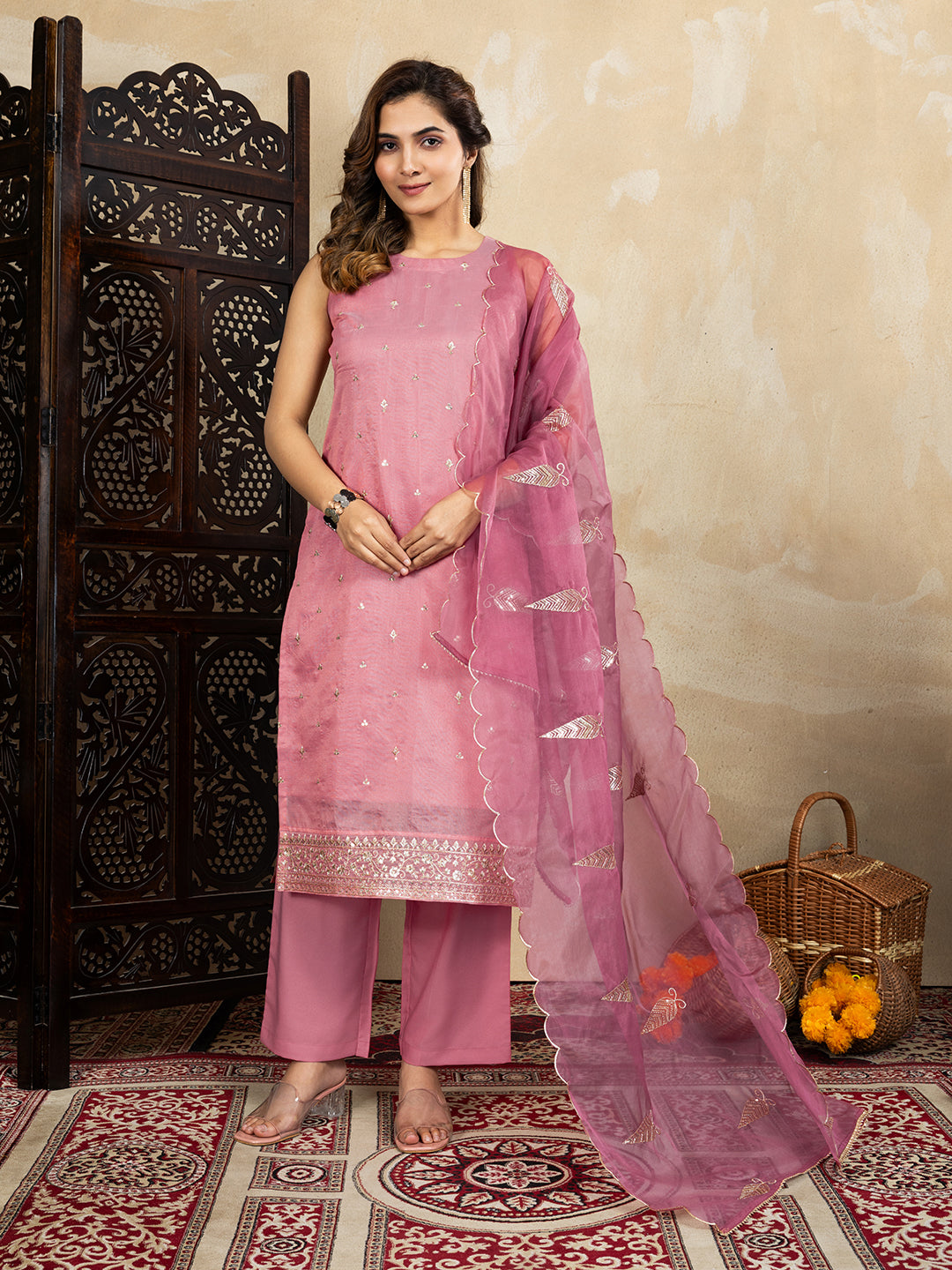 Vibrant Pink Embroidered Kurta Set with Organza Dupatta | Ethnic Festive Wear Outfit