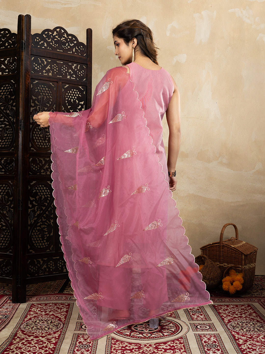 Vibrant Pink Embroidered Kurta Set with Organza Dupatta | Ethnic Festive Wear Outfit