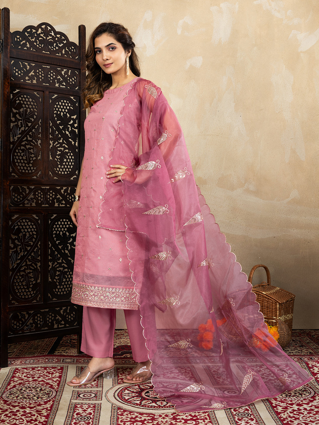 Vibrant Pink Embroidered Kurta Set with Organza Dupatta | Ethnic Festive Wear Outfit