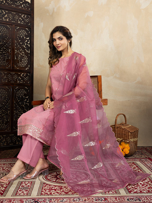 Vibrant Pink Embroidered Kurta Set with Organza Dupatta | Ethnic Festive Wear Outfit