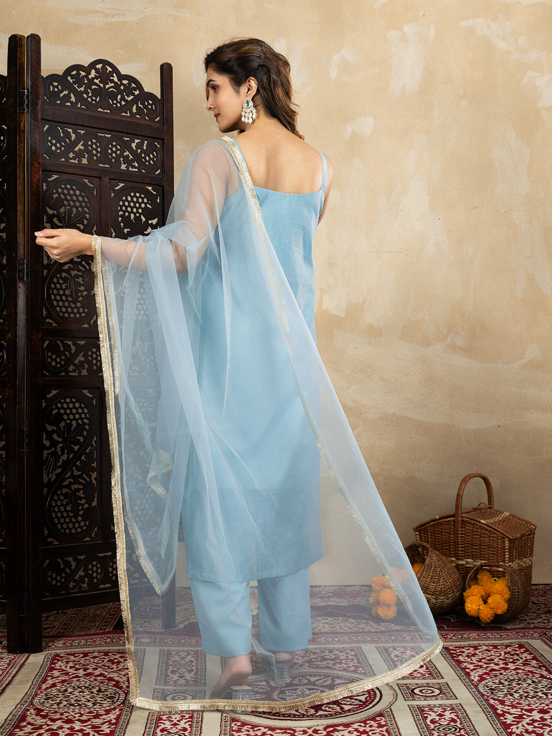 Silk Blend Sky Blue Embroidered Straight Kurta Set with Net Dupatta
