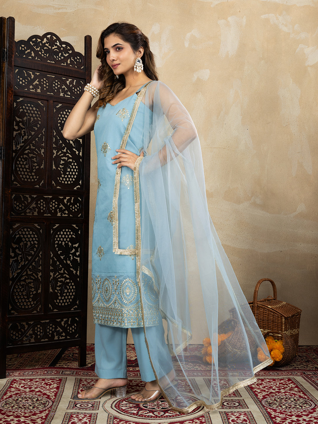Silk Blend Sky Blue Embroidered Straight Kurta Set with Net Dupatta