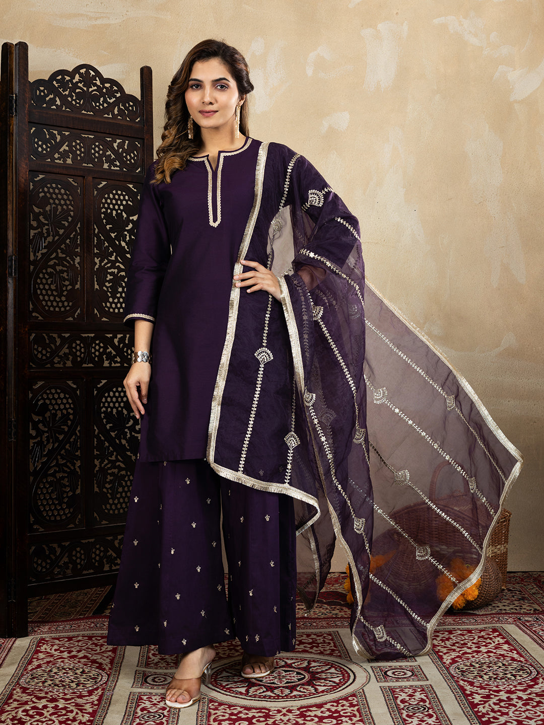 Silk Blend Wine Straight Kurta Set with Palazzo and Organza Dupatta