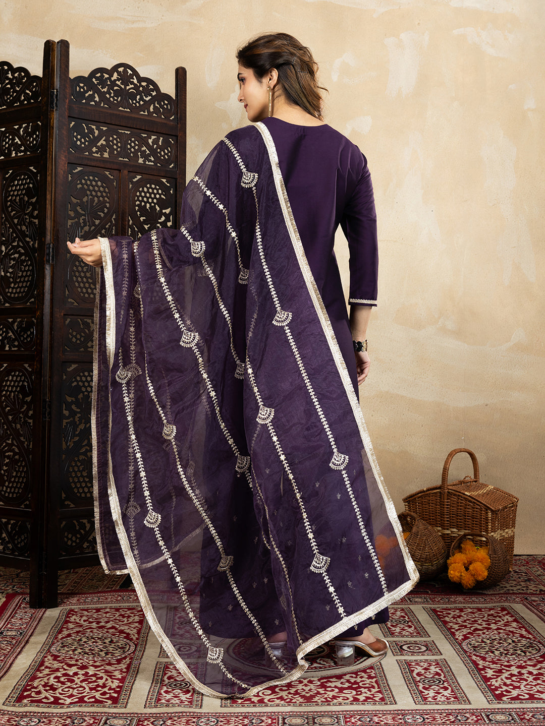Silk Blend Wine Straight Kurta Set with Palazzo and Organza Dupatta