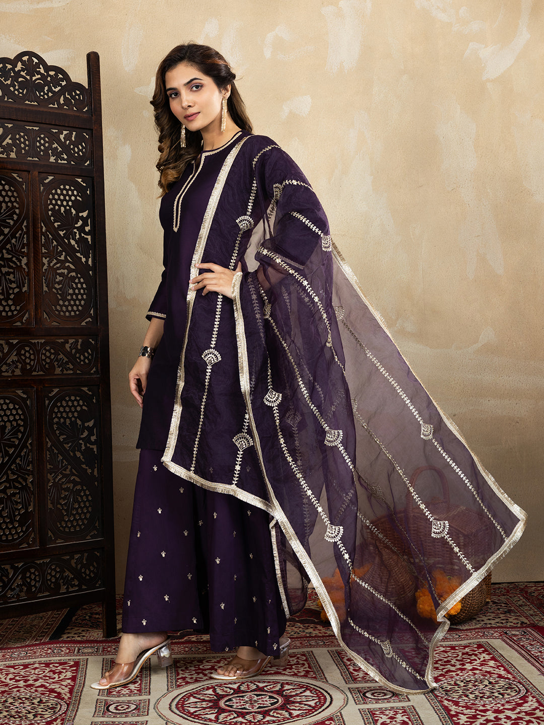 Silk Blend Wine Straight Kurta Set with Palazzo and Organza Dupatta