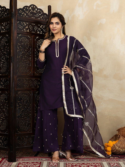 Silk Blend Wine Straight Kurta Set with Palazzo and Organza Dupatta