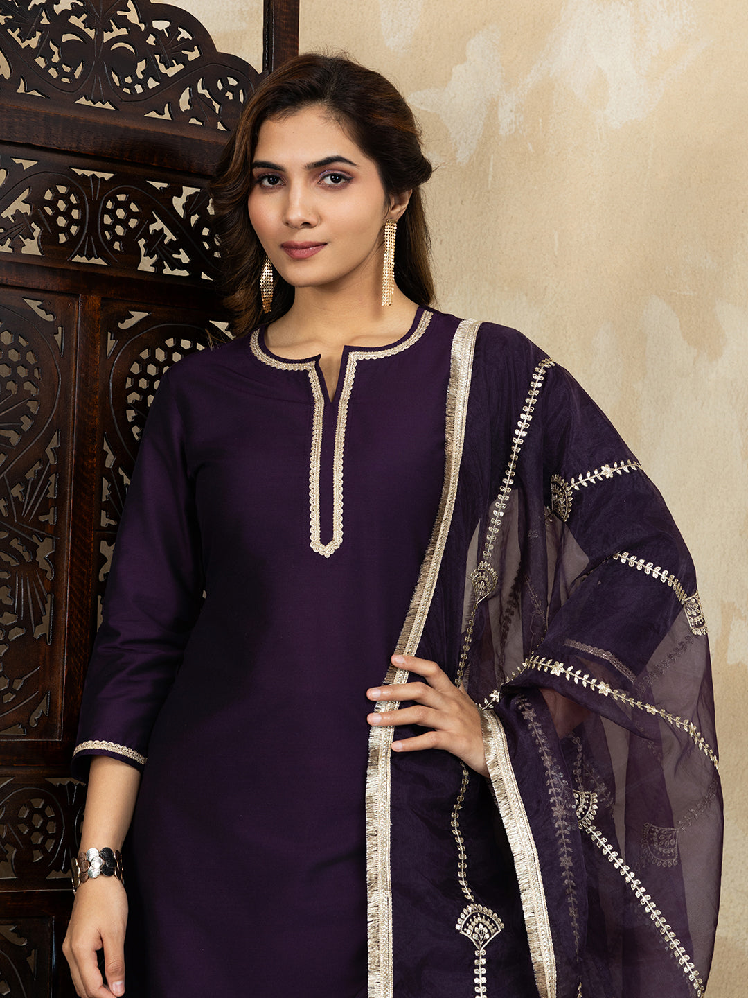 Silk Blend Wine Straight Kurta Set with Palazzo and Organza Dupatta