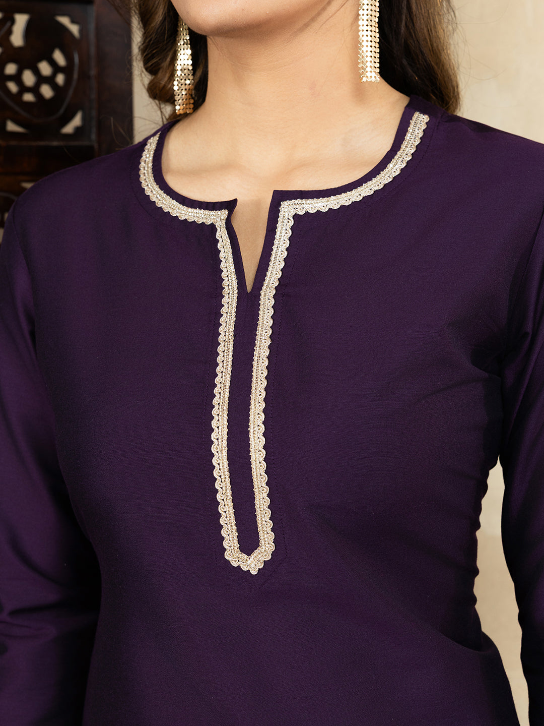 Silk Blend Wine Straight Kurta Set with Palazzo and Organza Dupatta