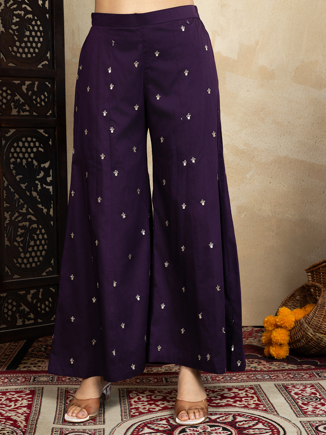 Silk Blend Wine Straight Kurta Set with Palazzo and Organza Dupatta