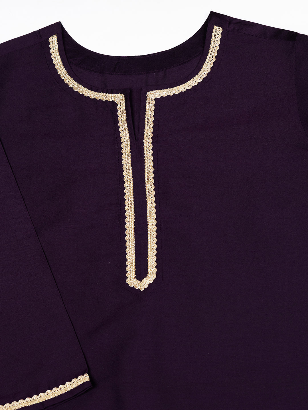 Silk Blend Wine Straight Kurta Set with Palazzo and Organza Dupatta