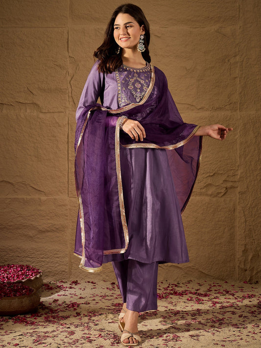 Royal Purple Silk Blend Kurta Set with Embroidered Yoke & Organza Dupatta