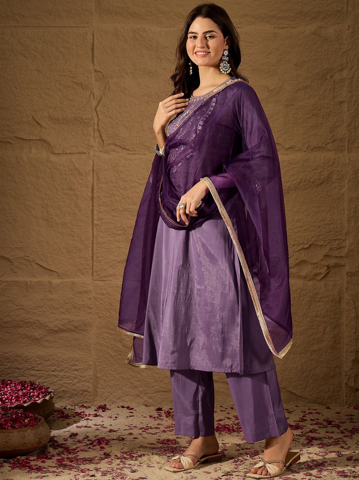 Royal Purple Silk Blend Kurta Set with Embroidered Yoke & Organza Dupatta
