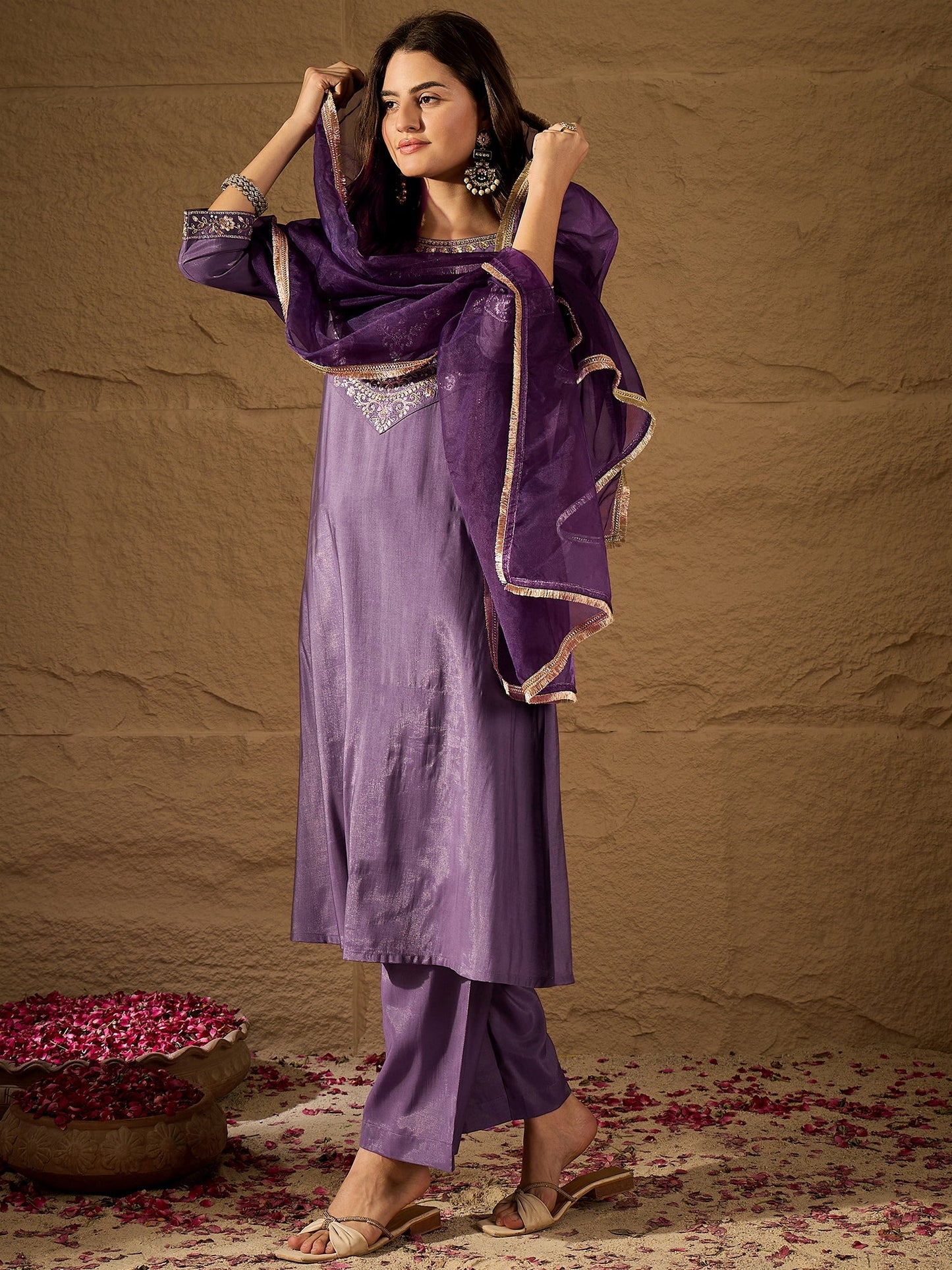 Royal Purple Silk Blend Kurta Set with Embroidered Yoke & Organza Dupatta