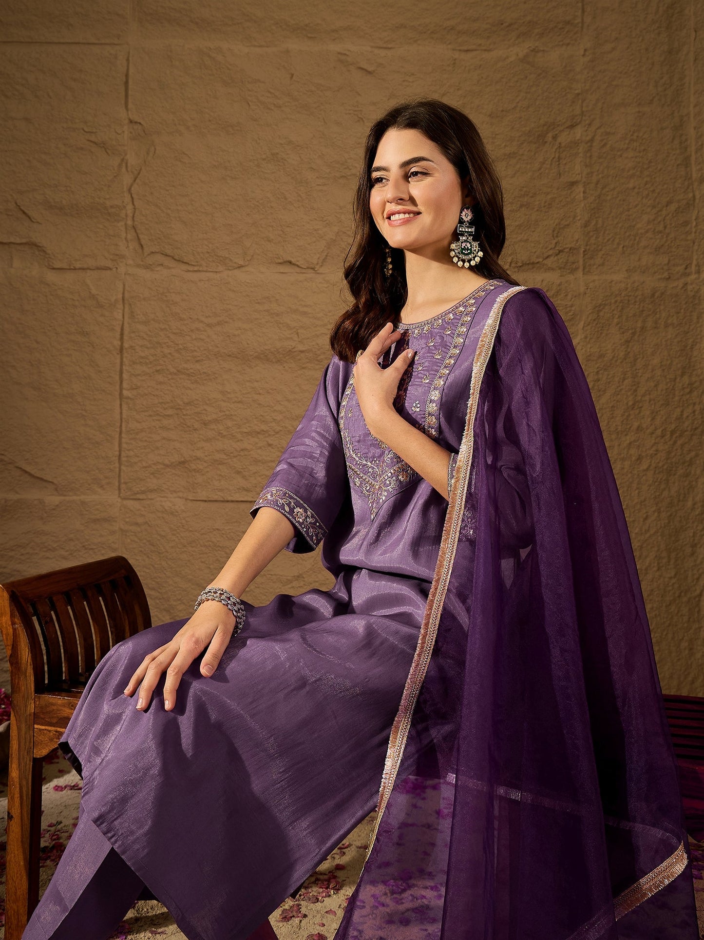 Royal Purple Silk Blend Kurta Set with Embroidered Yoke & Organza Dupatta