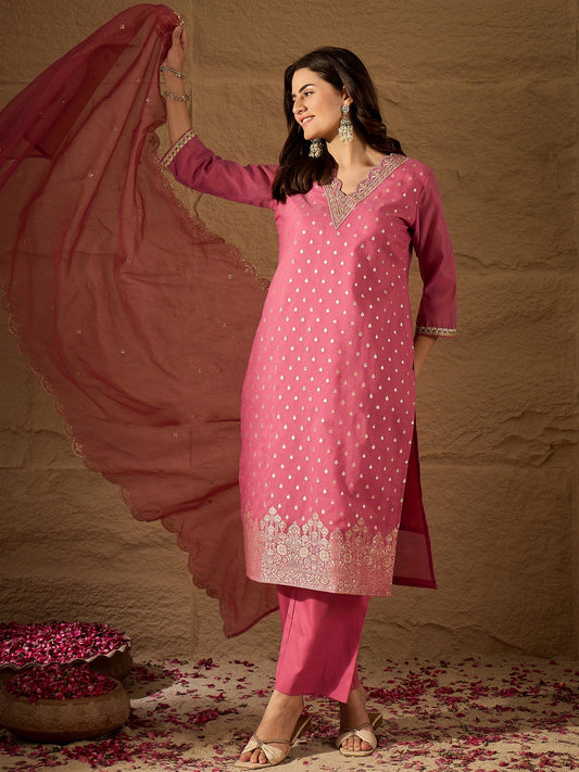 Rose Pink Embroidered Kurta Set with Sheer Dupatta