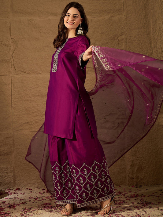 Wine Embroidered Kurta Set with Palazzo and Organza Dupatta