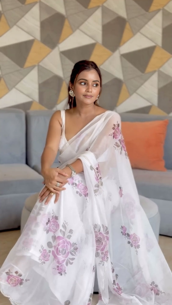 White Soft Organza Floral Printed Handwork Saree