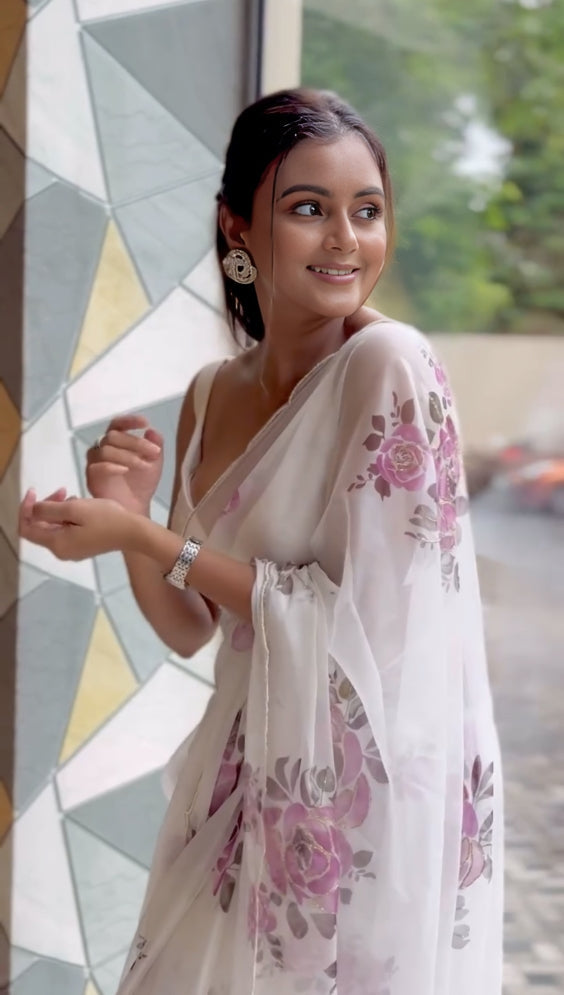 White Soft Organza Floral Printed Handwork Saree