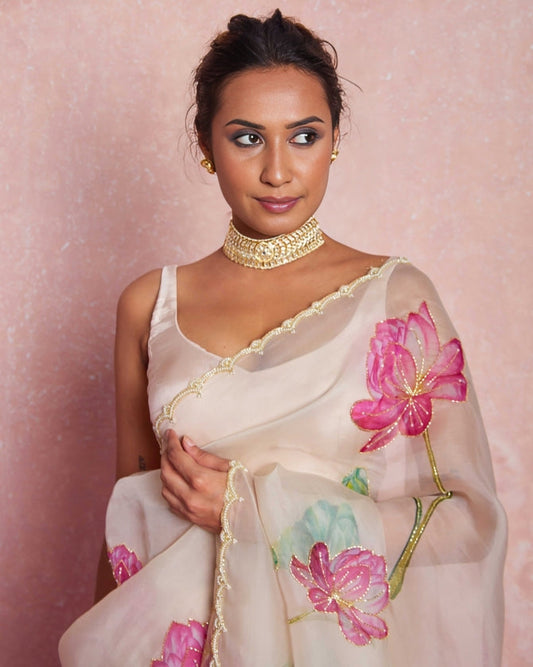 Soft Organza Floral Printed Handwork Saree