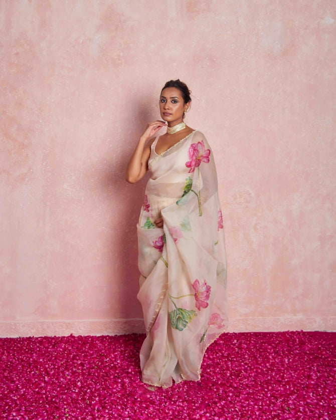 Soft Organza Floral Printed Handwork Saree