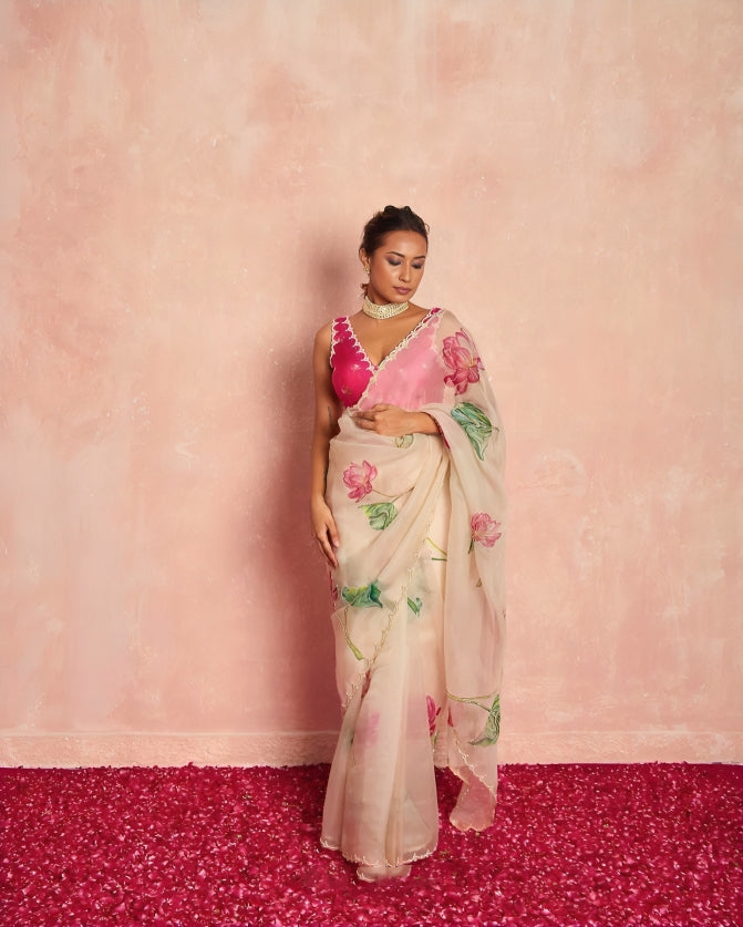 White Soft Organza Pink and green Floral Printed Handwork Saree