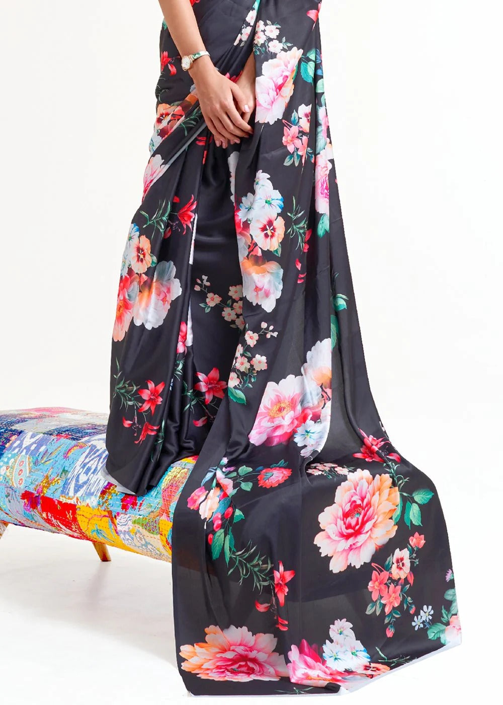 Digital Printed Satin Saree with Unstiched Blouse