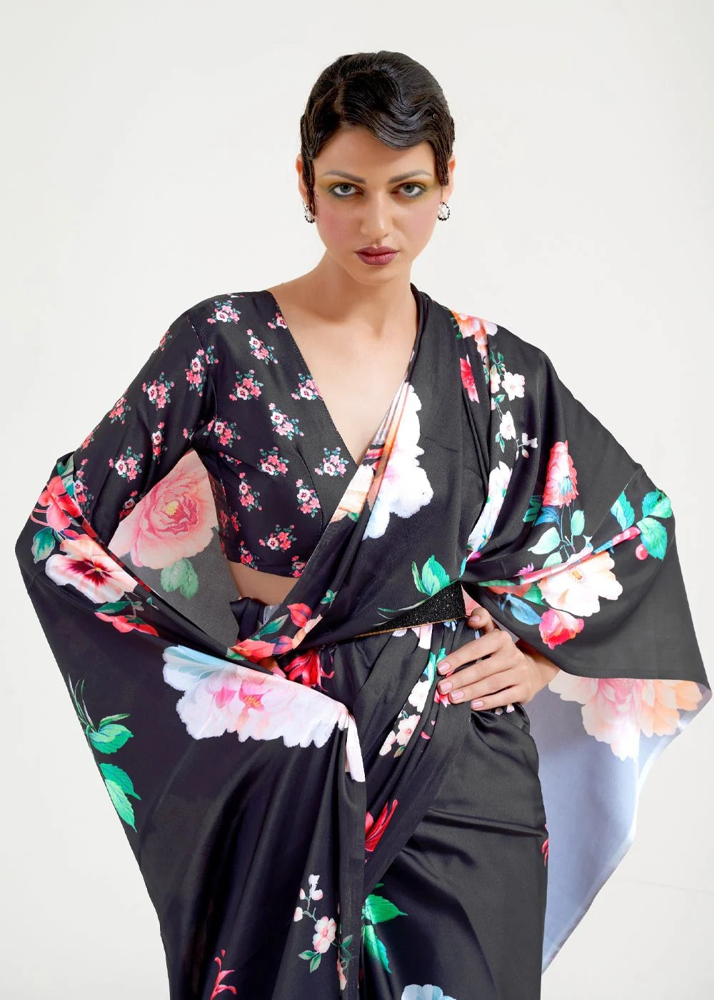 Digital Printed Satin Saree with Unstiched Blouse