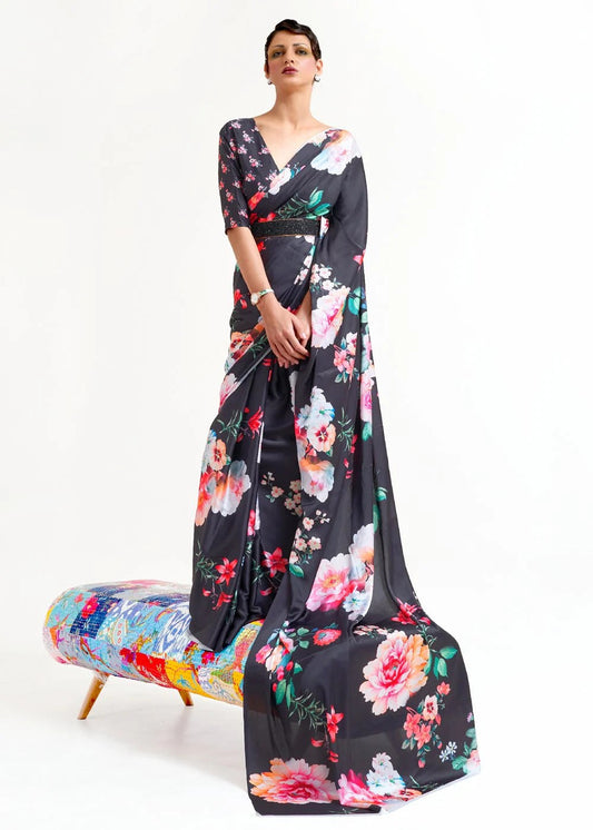 Digital Printed Satin Saree with Unstiched Blouse