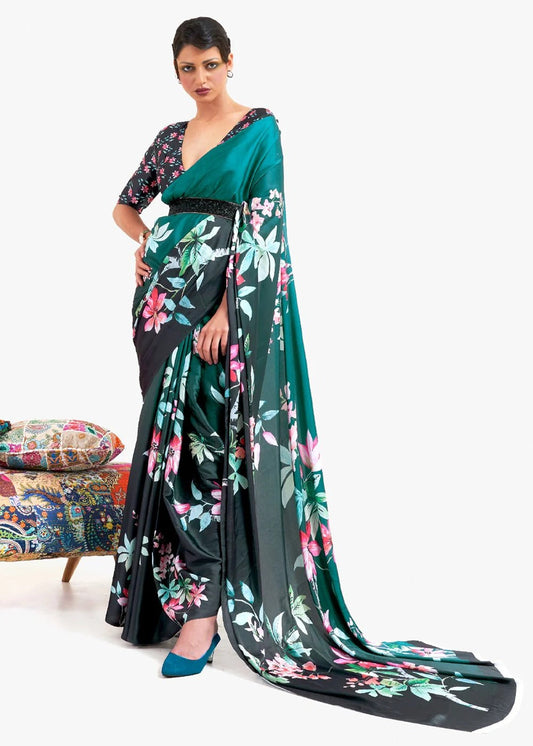 Digital Printed Satin Saree with Unstiched Blouse