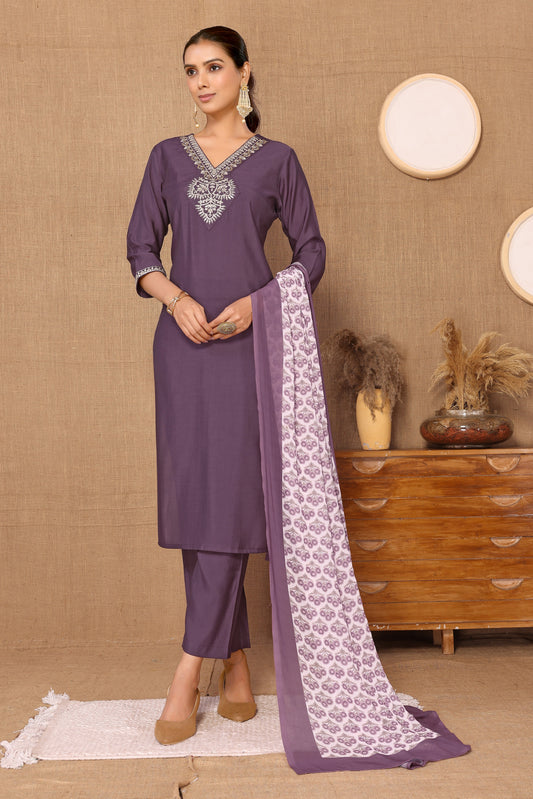 Silk Blend Embroidered V-Neck Kurta, Pant, and Printed Dupatta Set