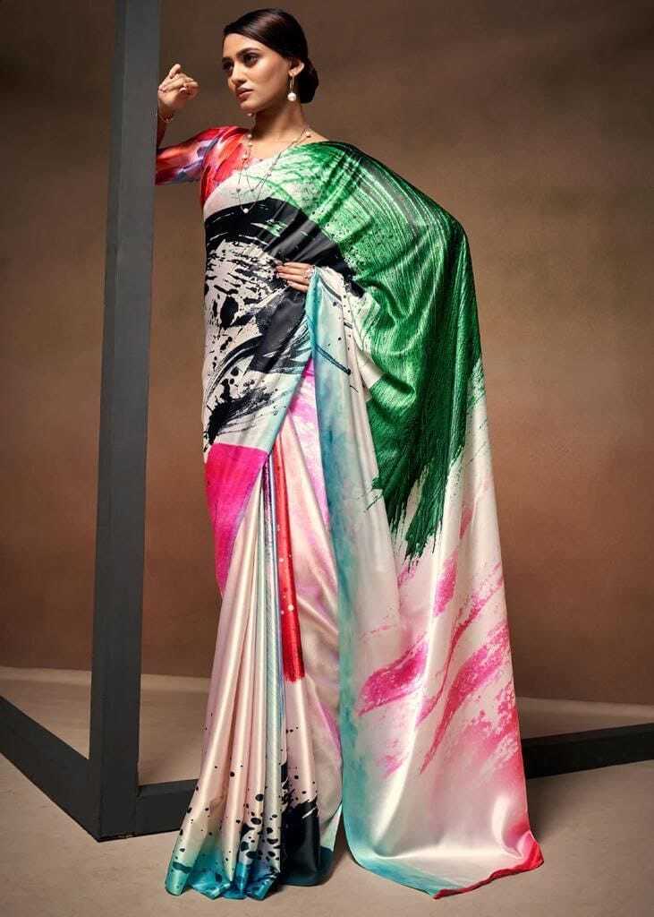 Digital Printed Satin Saree with Unstiched Blouse