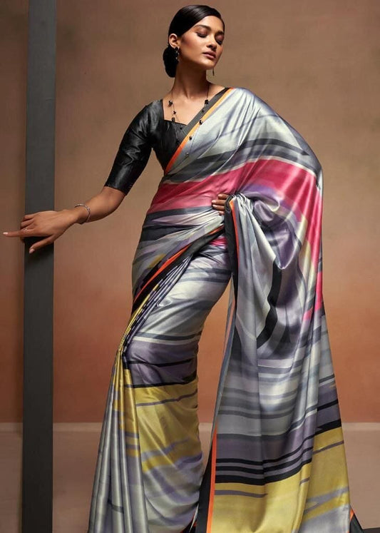 Digital Printed Satin Saree with Unstiched Blouse