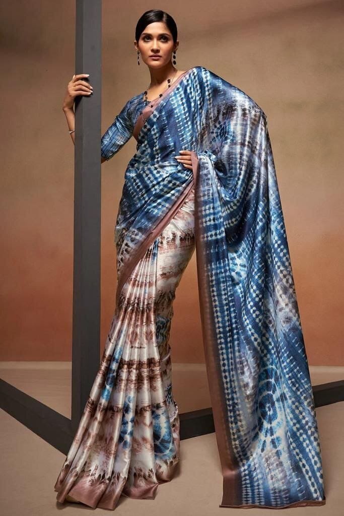 Digital Printed Satin Saree with Unstiched Blouse