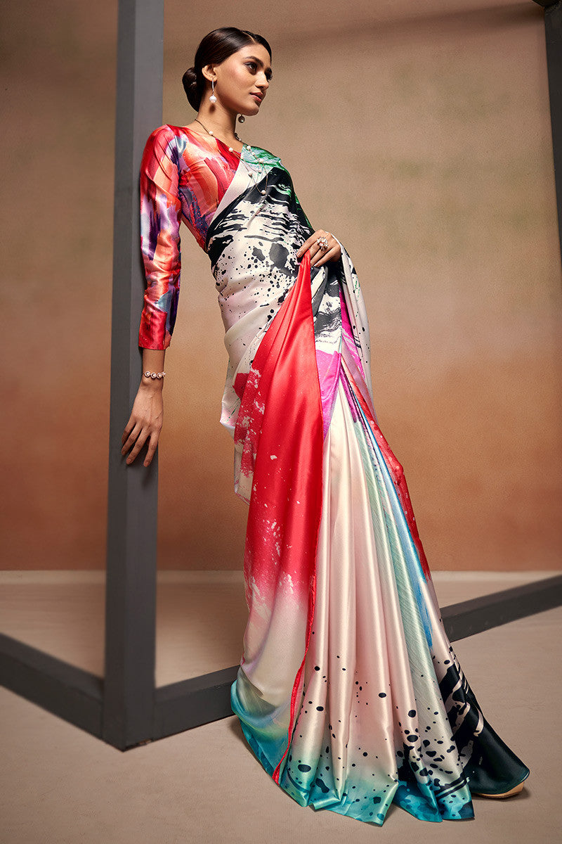 Digital Printed Satin Saree with Unstiched Blouse