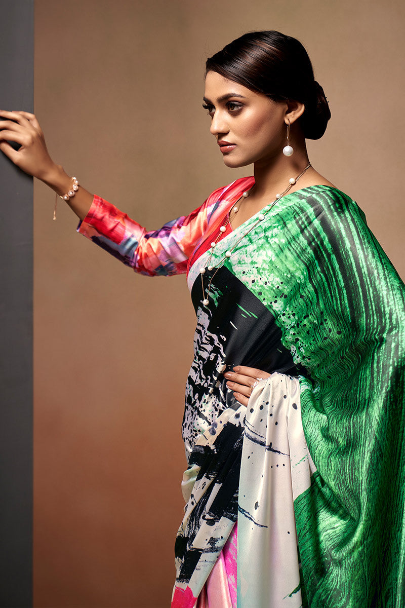Digital Printed Satin Saree with Unstiched Blouse